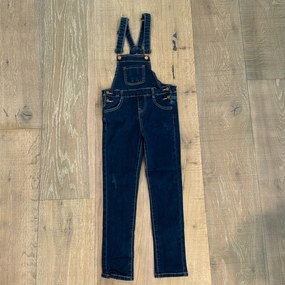 Size 7/8 - stretch Jean overalls with pink stitching